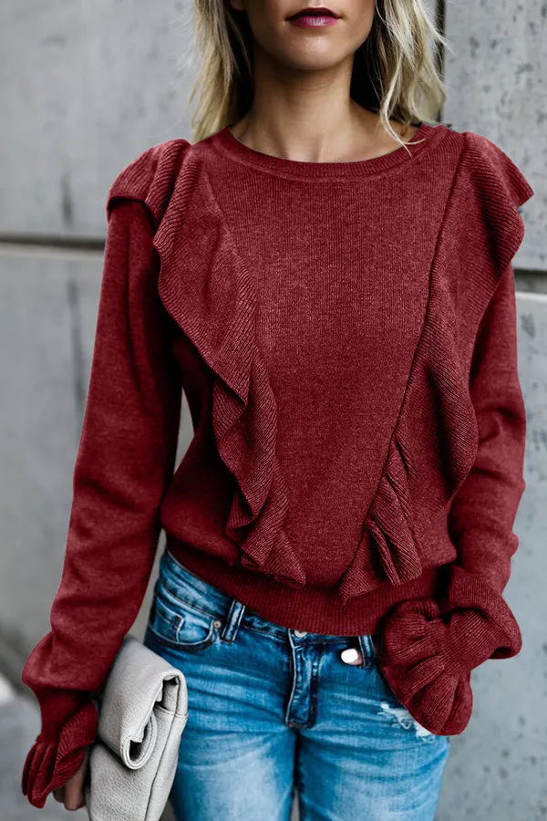 Solid Color Ruffled Round Neck Blouse