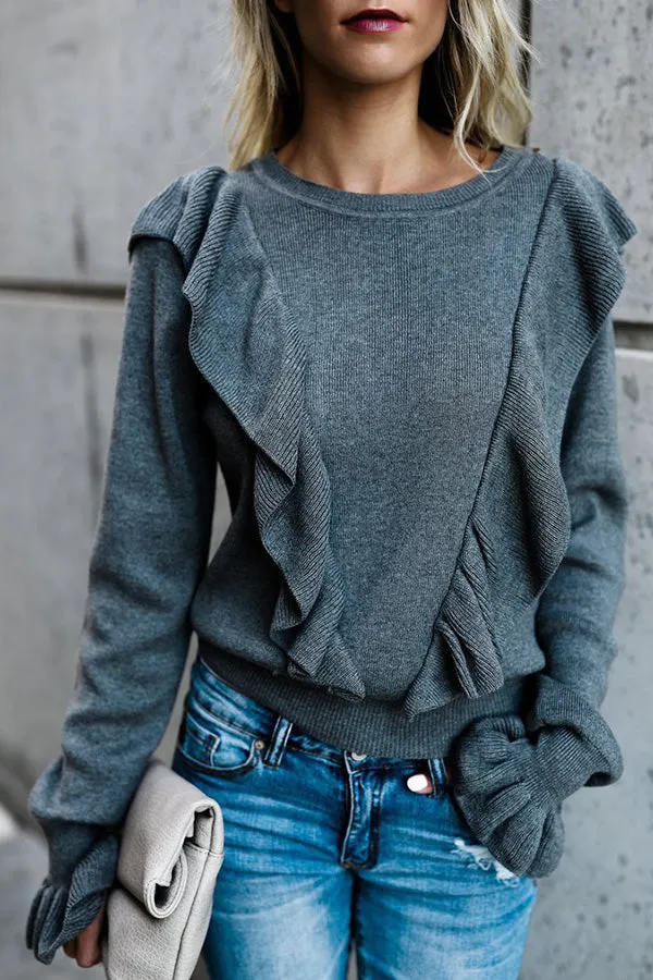 Solid Color Ruffled Round Neck Blouse