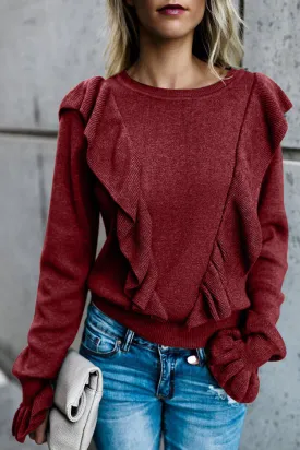 Solid Color Ruffled Round Neck Blouse
