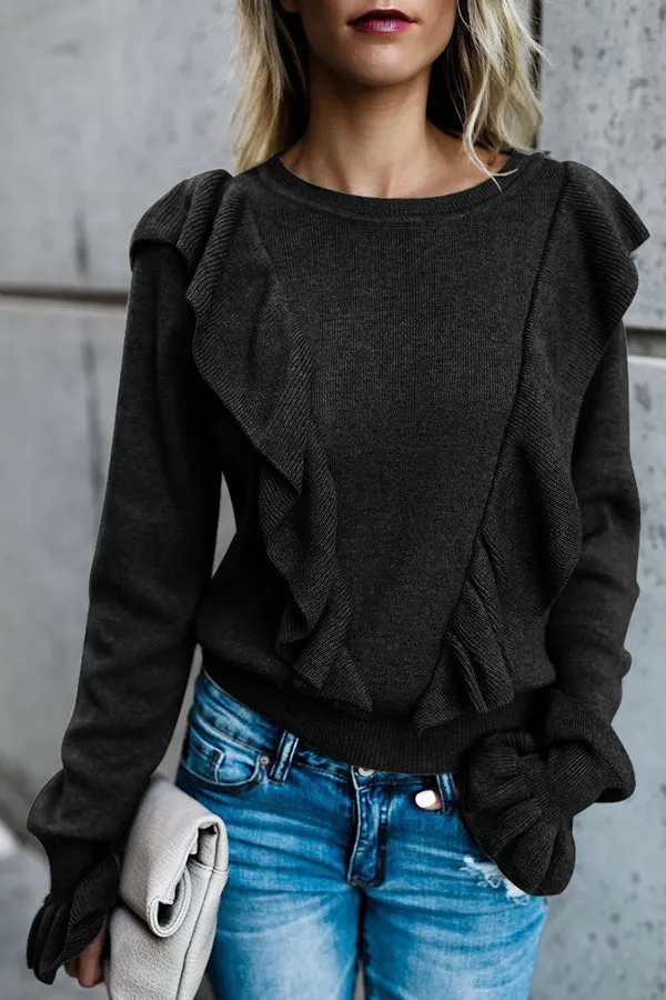 Solid Color Ruffled Round Neck Blouse