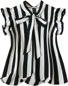 SOLY HUX Women's Plus Size Striped Tops Bow Tie Neck Ruffle Cap Sleeve Office Work Blouse