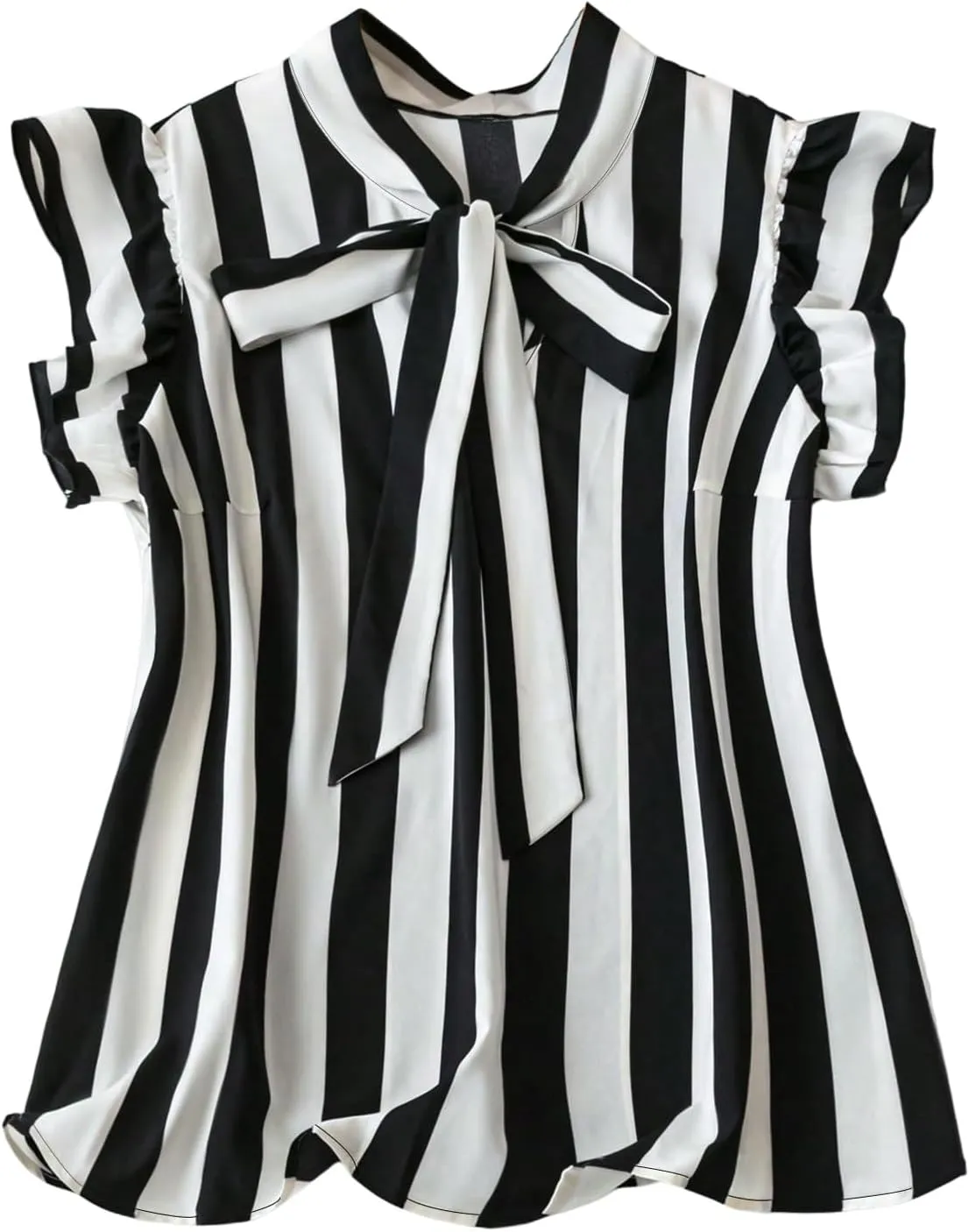 SOLY HUX Women's Plus Size Striped Tops Bow Tie Neck Ruffle Cap Sleeve Office Work Blouse