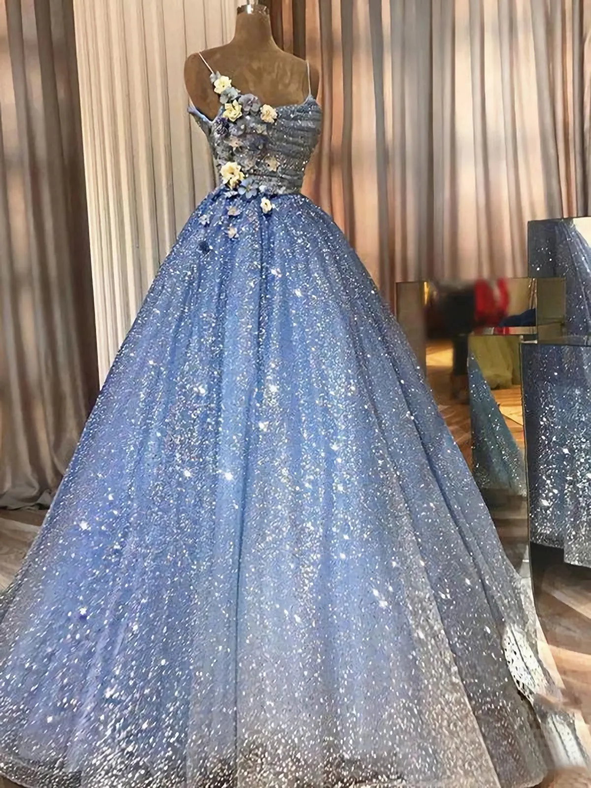 Sparkly Blue Spaghetti Straps Floral Top A-Line Long Prom Dress