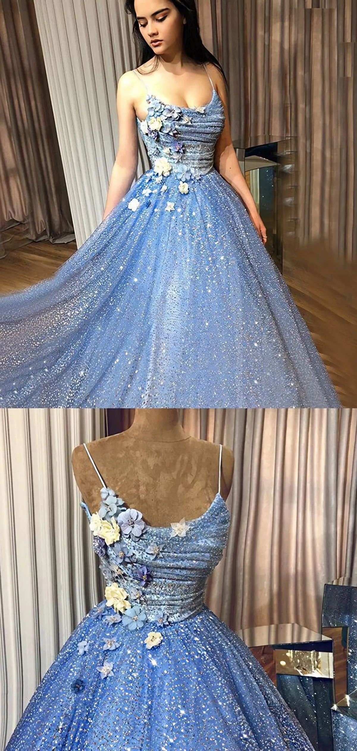 Sparkly Blue Spaghetti Straps Floral Top A-Line Long Prom Dress