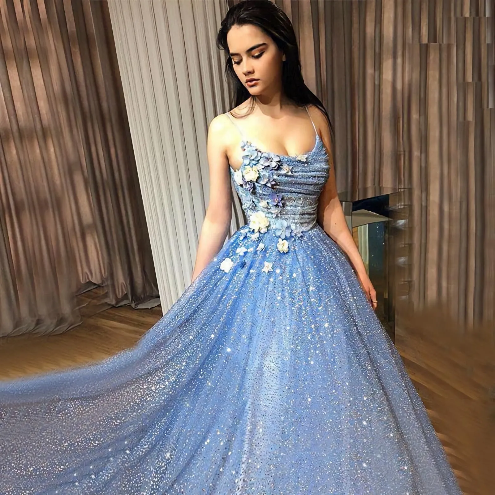 Sparkly Blue Spaghetti Straps Floral Top A-Line Long Prom Dress