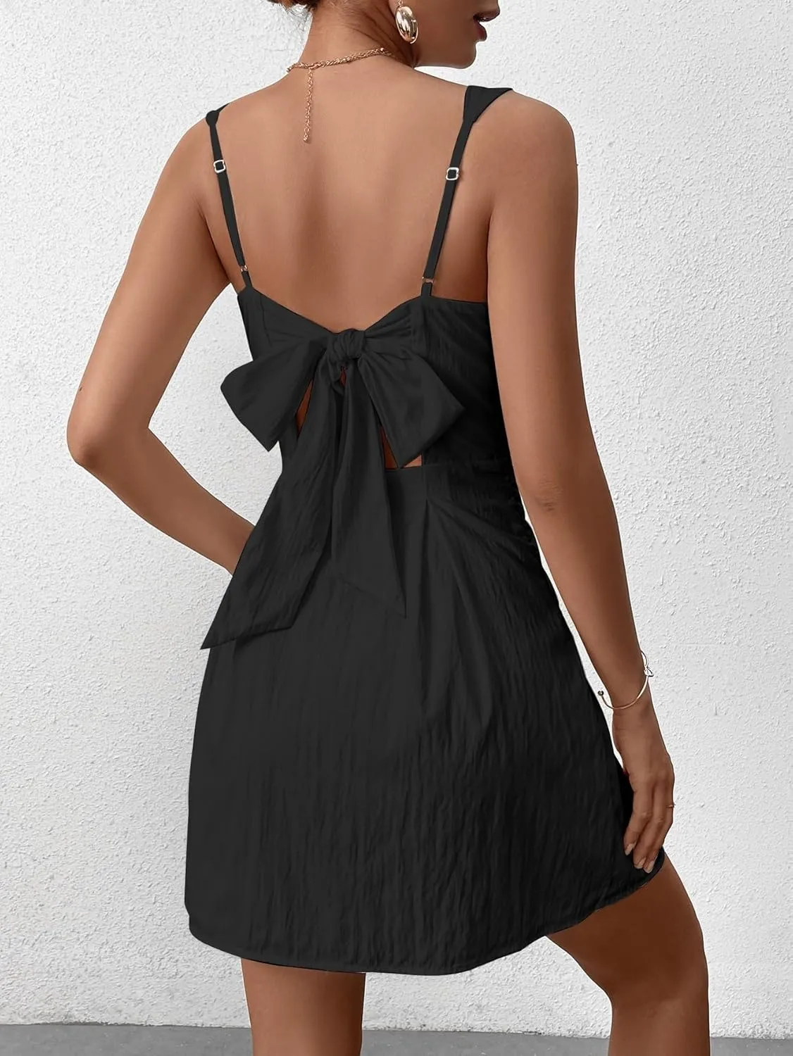Square Neck Mini Dress Bow Tie Backless Sundress Short Summer Dresses for Women 2024 Casual
