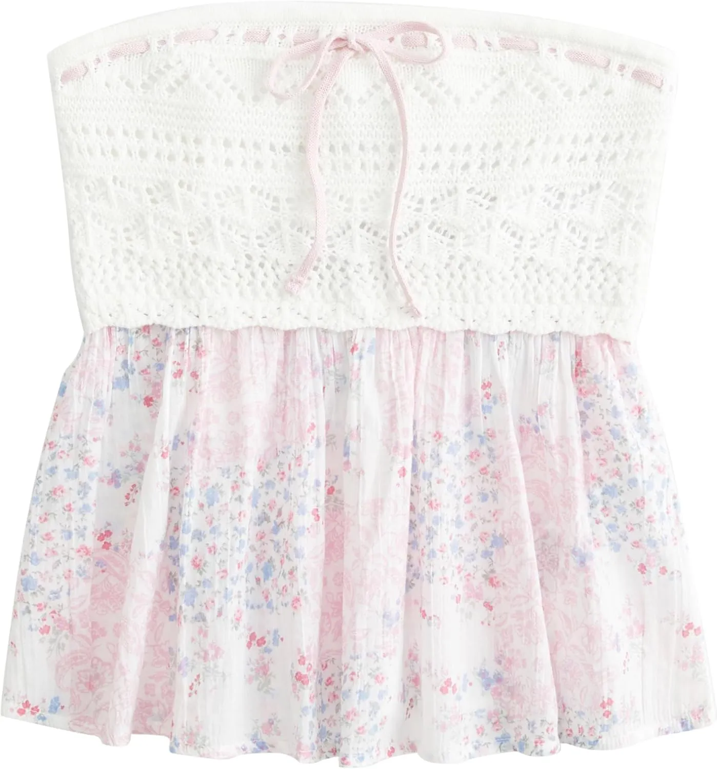 Summer Cute Floral Print Tube Tops for Women 2025 Trendy Flowy Bandeau Crochet Babydoll Top Y2k Going Out Peplum Tops