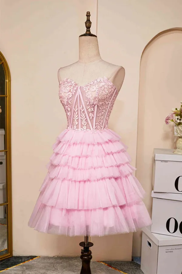 Sweetheart Neck Layered Strapless Pink Homecoming Dress PD514