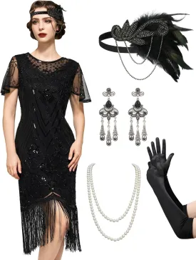 SWEETV Great Gatsby Lace Neck Flapper Dress - 1920s Dress for Women With Sleeve - Roaring 20s Costume