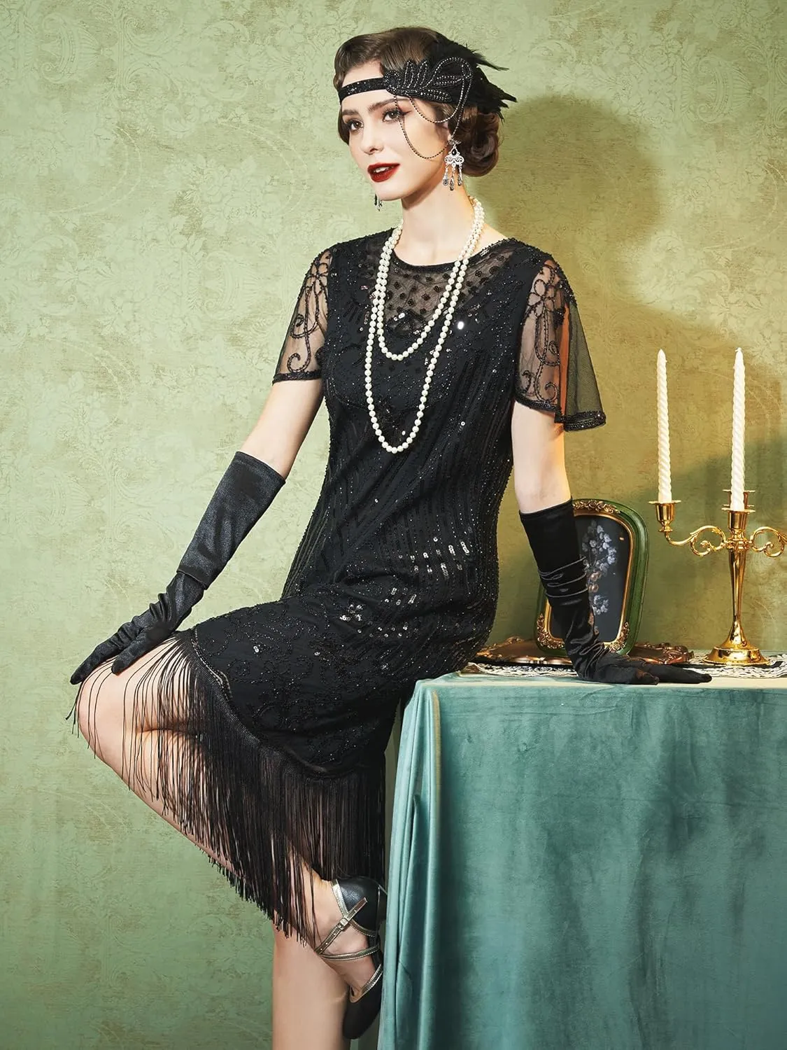 SWEETV Great Gatsby Lace Neck Flapper Dress - 1920s Dress for Women With Sleeve - Roaring 20s Costume