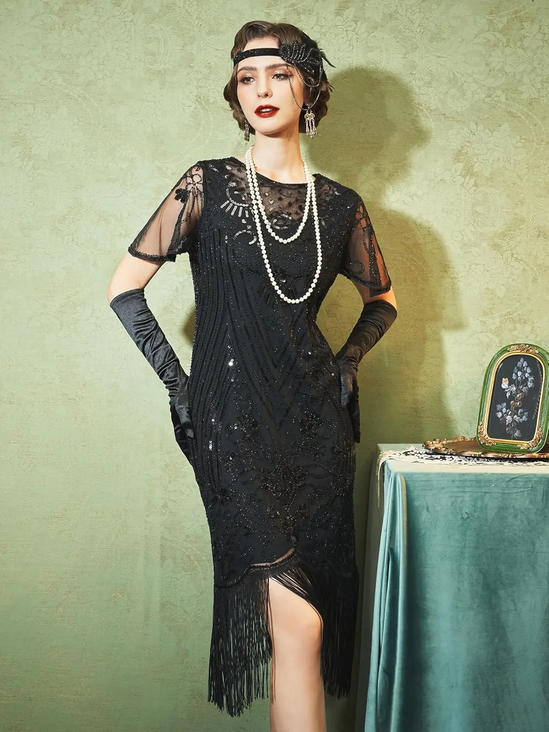 SWEETV Great Gatsby Lace Neck Flapper Dress - 1920s Dress for Women With Sleeve - Roaring 20s Costume