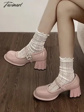 Tavimart Pink Elegant Vintage Mary Janes Shoes Women Fashion Sweet Square Button Pumps Shoes Female Korean Designer Buckle Shoes New