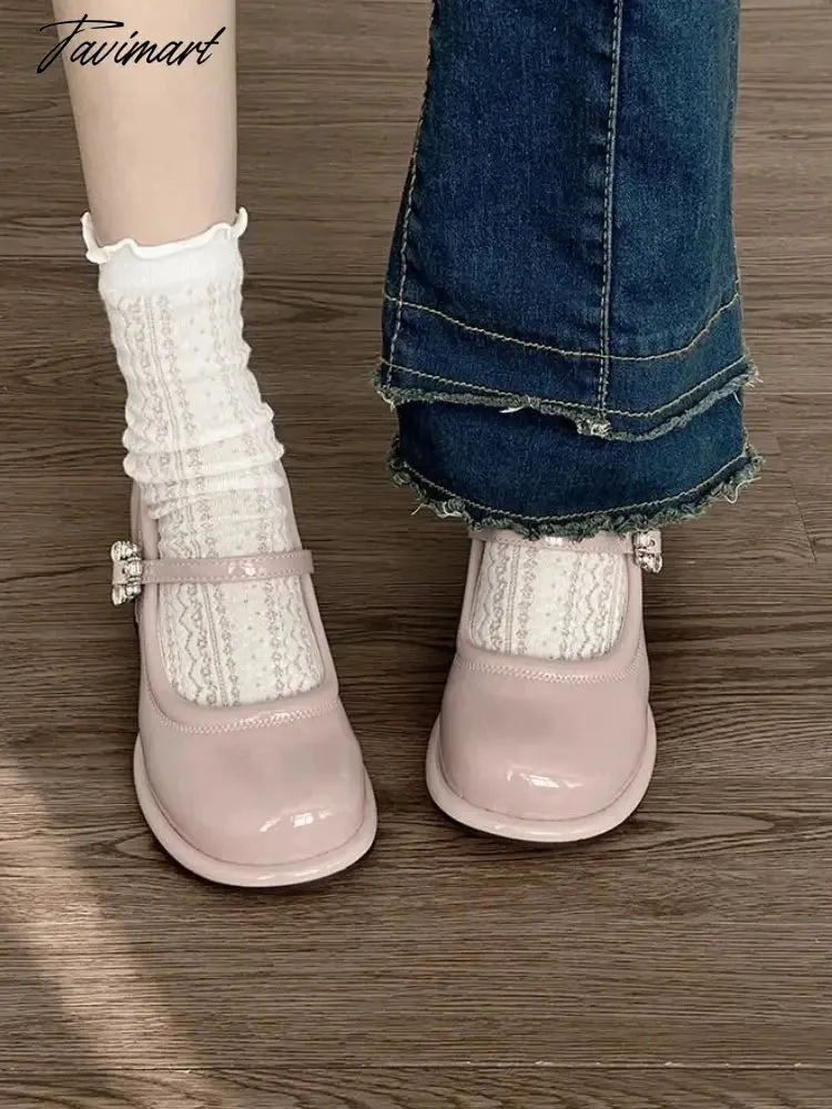 Tavimart Pink Elegant Vintage Mary Janes Shoes Women Fashion Sweet Square Button Pumps Shoes Female Korean Designer Buckle Shoes New