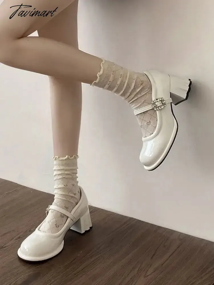 Tavimart Pink Elegant Vintage Mary Janes Shoes Women Fashion Sweet Square Button Pumps Shoes Female Korean Designer Buckle Shoes New