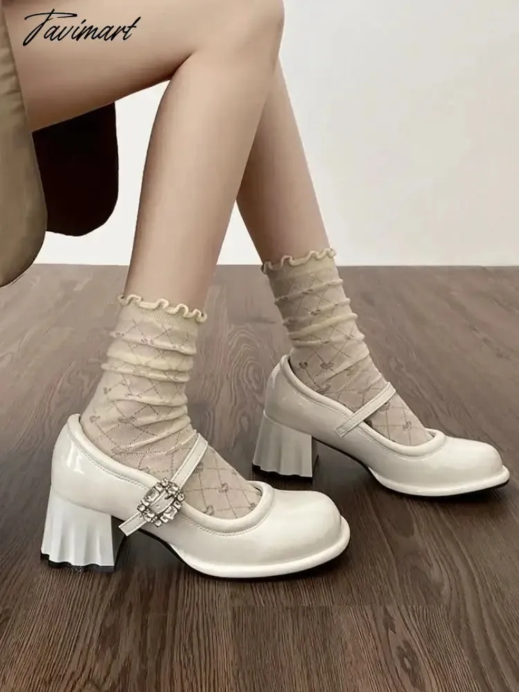 Tavimart Pink Elegant Vintage Mary Janes Shoes Women Fashion Sweet Square Button Pumps Shoes Female Korean Designer Buckle Shoes New