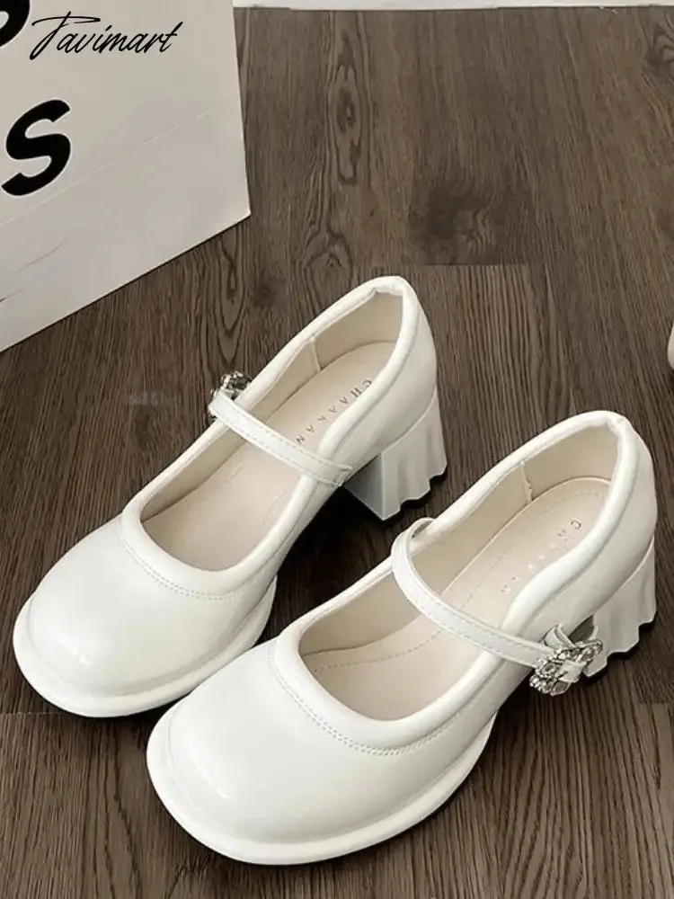 Tavimart Pink Elegant Vintage Mary Janes Shoes Women Fashion Sweet Square Button Pumps Shoes Female Korean Designer Buckle Shoes New