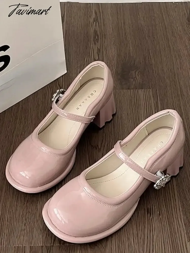 Tavimart Pink Elegant Vintage Mary Janes Shoes Women Fashion Sweet Square Button Pumps Shoes Female Korean Designer Buckle Shoes New