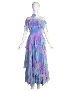 Ulla Darni of Denmark Vintage 1970s Pastel Watercolor Scalloped Layered Jersey Chiffon Dress