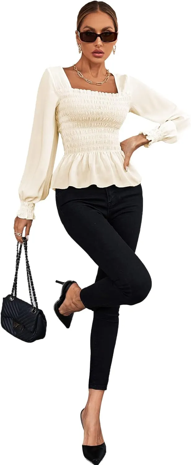 Umenlele Women's Square Neck Ruffle Frill Smocked Long Sleeve Peplum Blouse Top