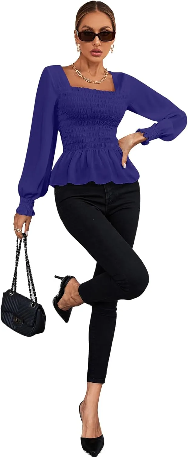 Umenlele Women's Square Neck Ruffle Frill Smocked Long Sleeve Peplum Blouse Top