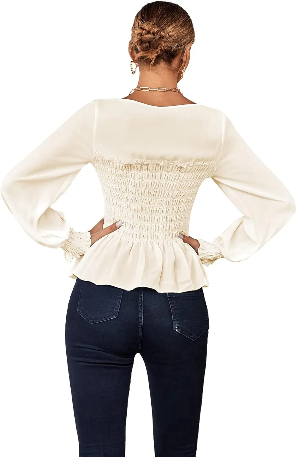 Umenlele Women's Square Neck Ruffle Frill Smocked Long Sleeve Peplum Blouse Top