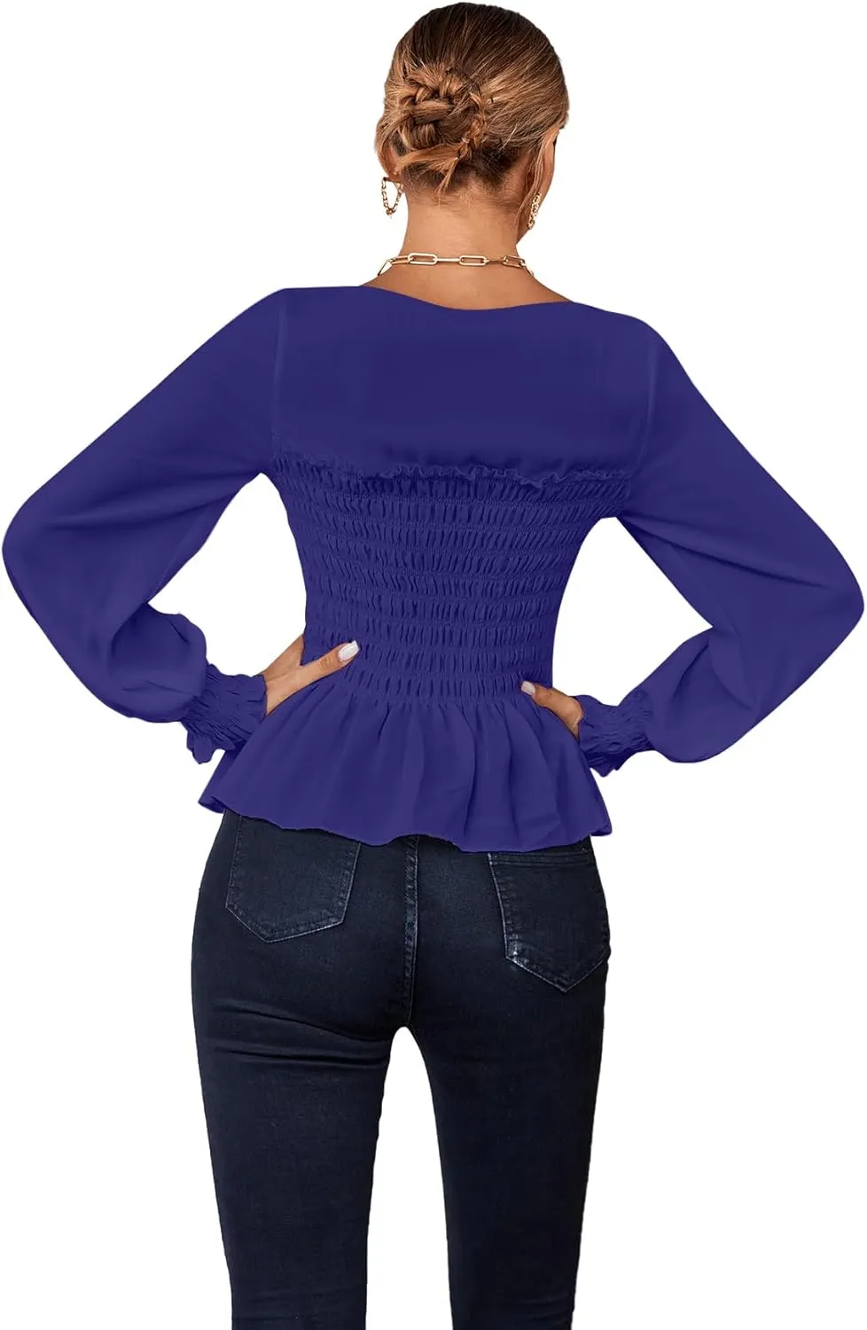 Umenlele Women's Square Neck Ruffle Frill Smocked Long Sleeve Peplum Blouse Top