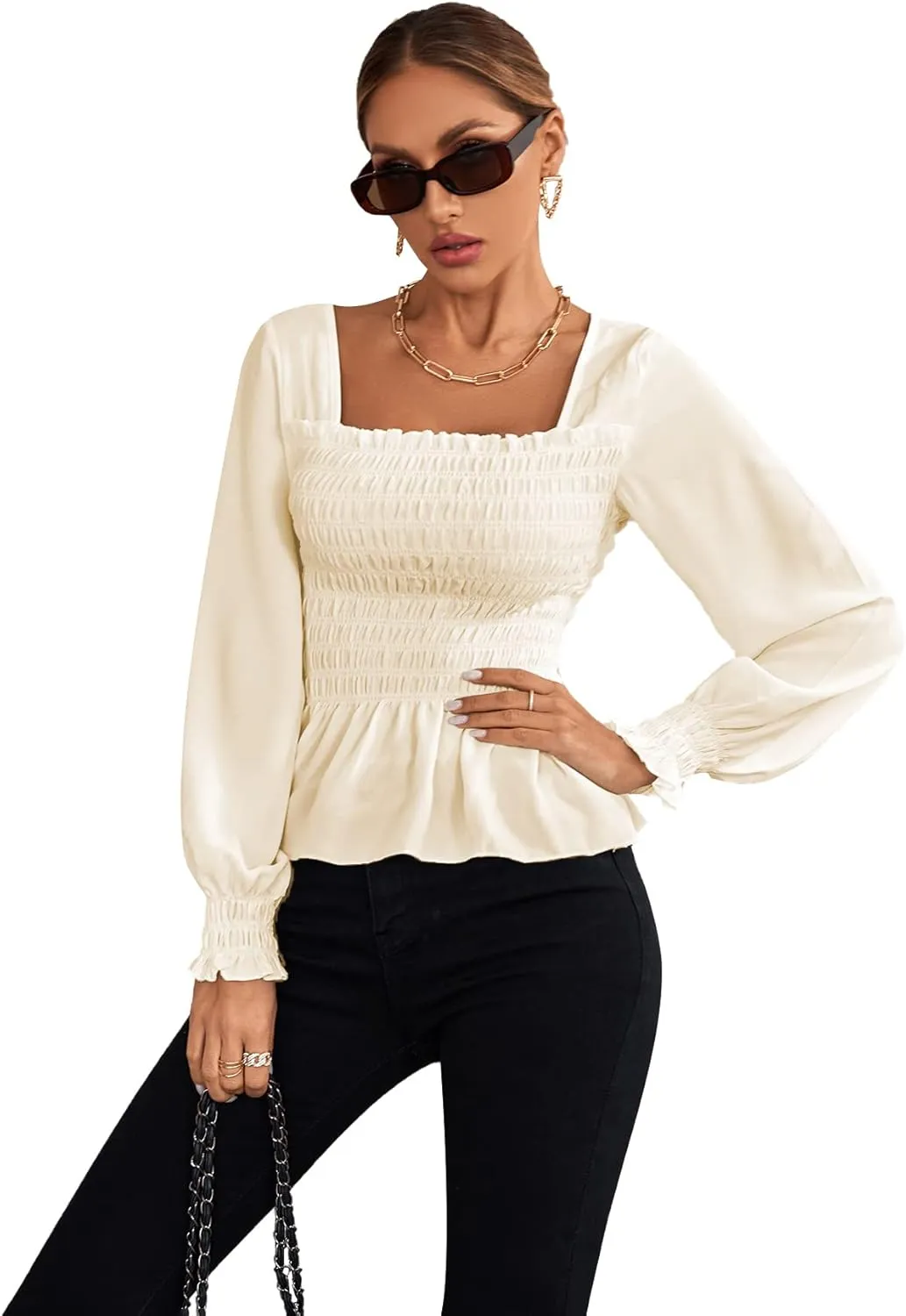 Umenlele Women's Square Neck Ruffle Frill Smocked Long Sleeve Peplum Blouse Top
