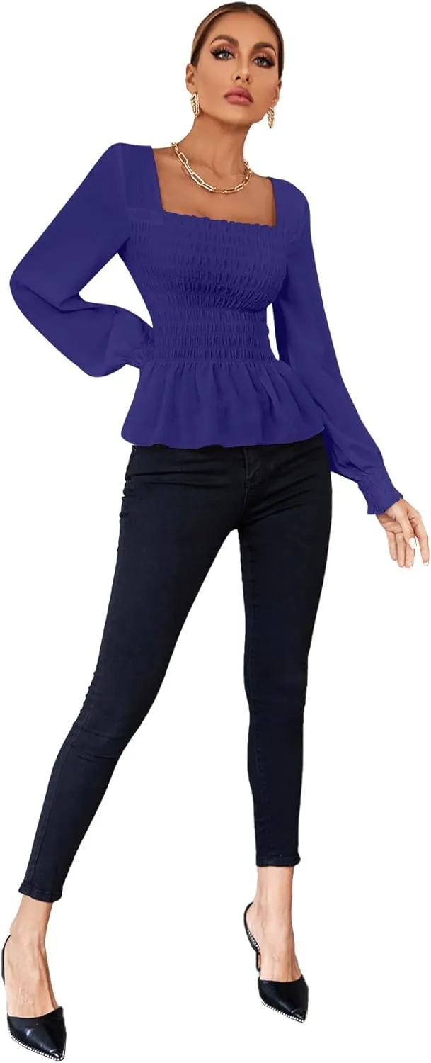Umenlele Women's Square Neck Ruffle Frill Smocked Long Sleeve Peplum Blouse Top