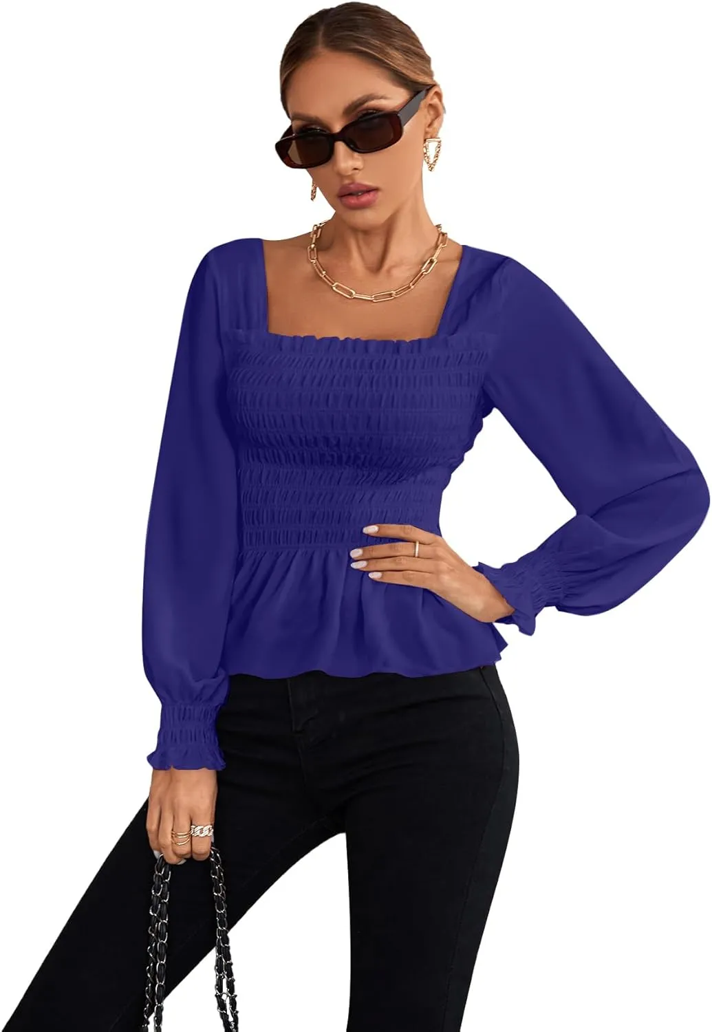 Umenlele Women's Square Neck Ruffle Frill Smocked Long Sleeve Peplum Blouse Top