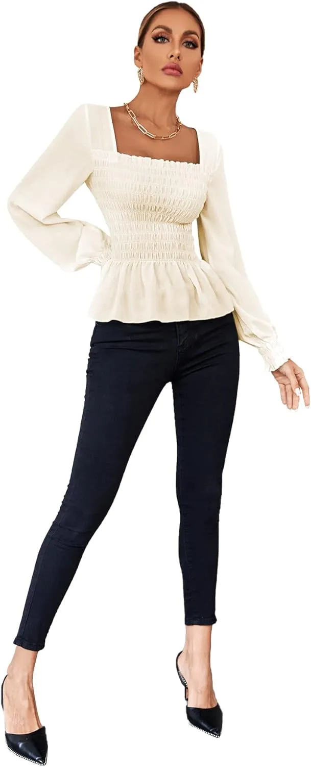 Umenlele Women's Square Neck Ruffle Frill Smocked Long Sleeve Peplum Blouse Top