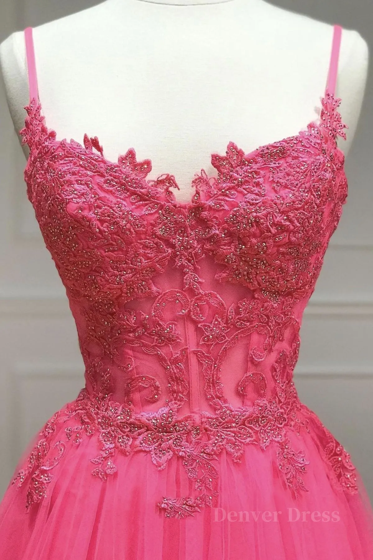 V Neck Beaded Hot Pink Lace Tulle Long Prom Dresses Hot Pink Lace Formal Dresses Hot Pink Evening Dresses