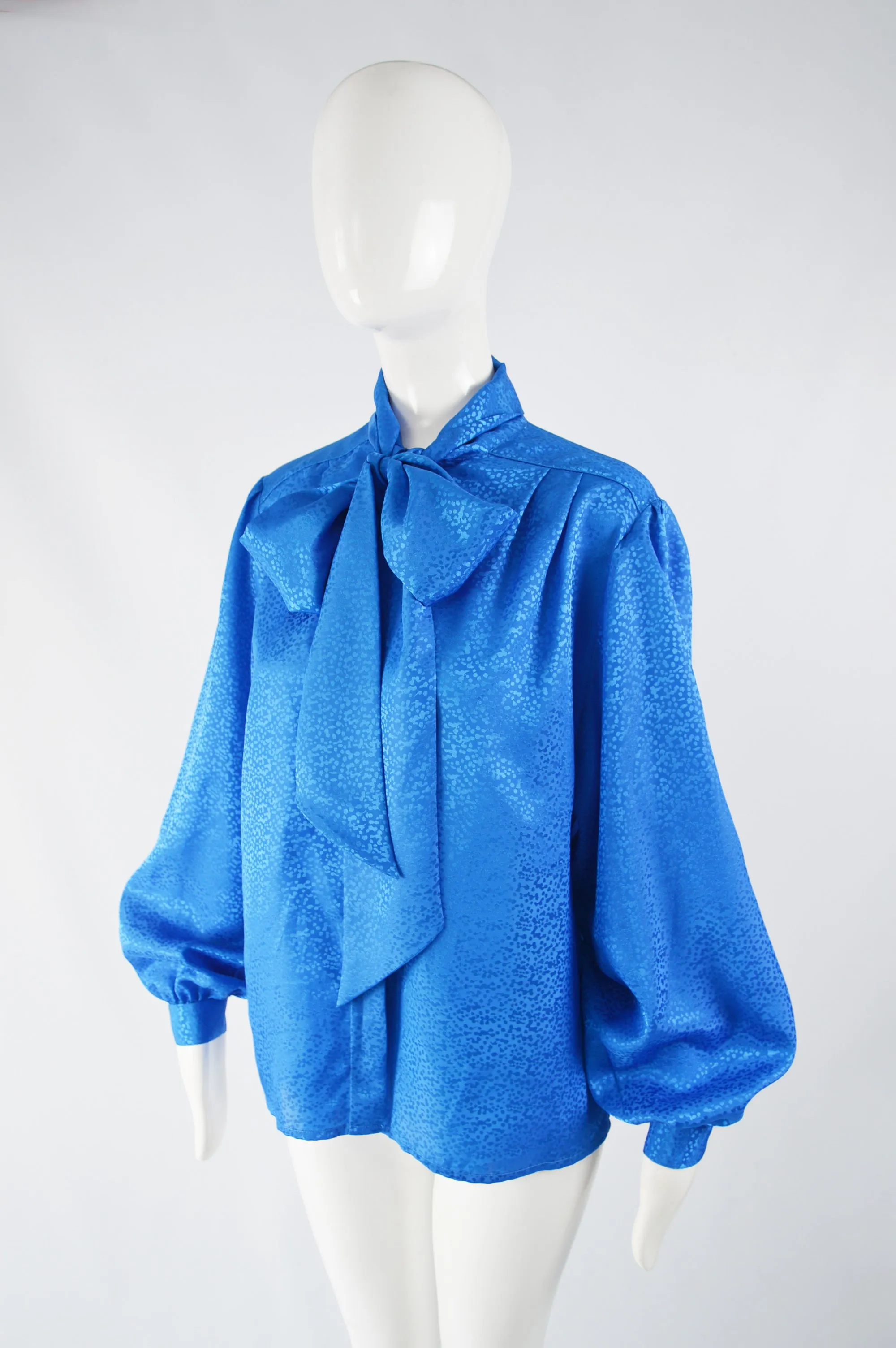 Vintage Balloon Sleeve Blue Pussybow Blouse, 1980s