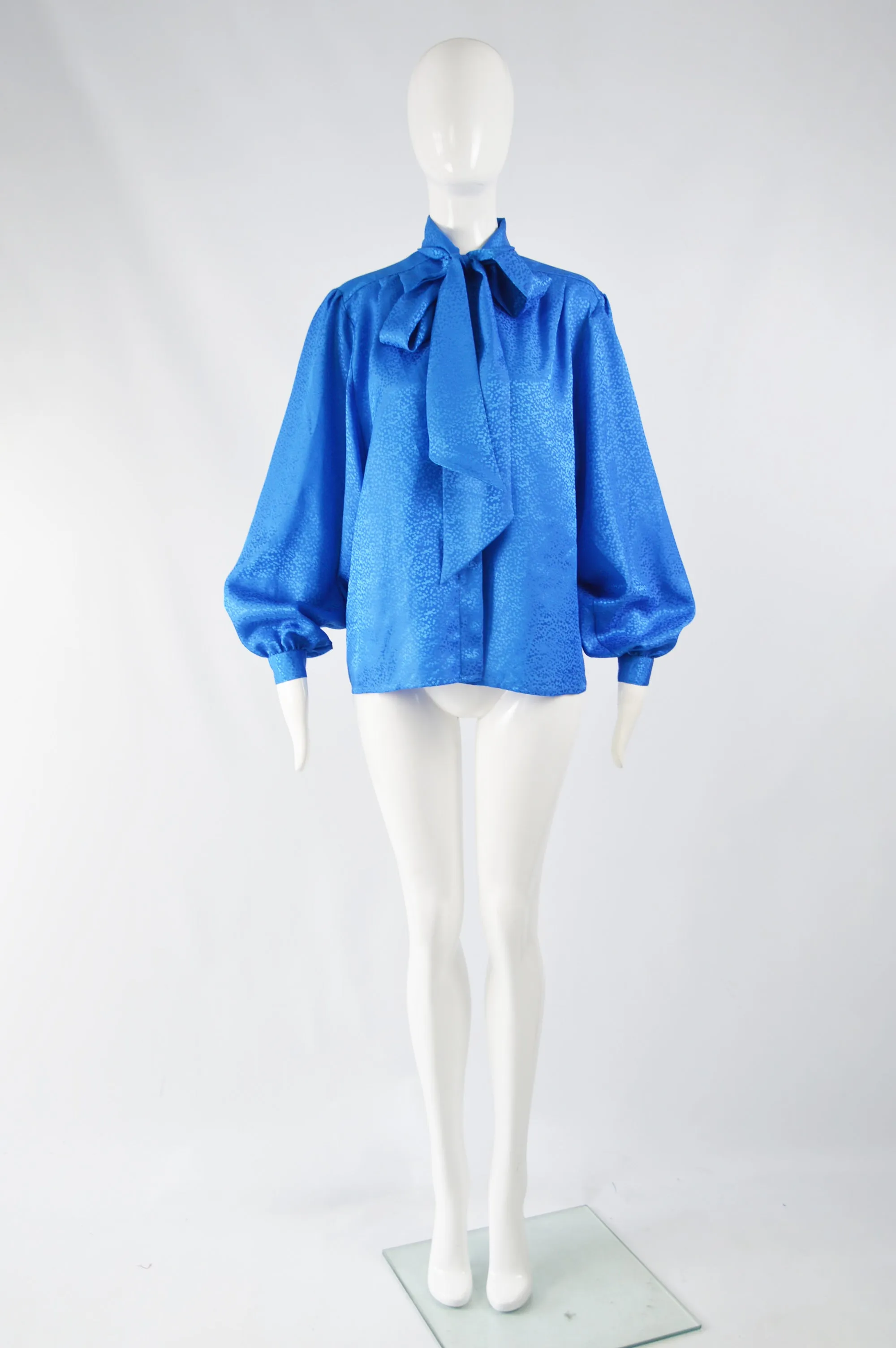 Vintage Balloon Sleeve Blue Pussybow Blouse, 1980s