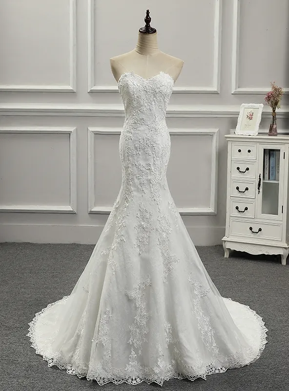 White Mermaid Lace Strapless Appliques Wedding Dress