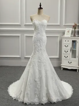 White Mermaid Lace Strapless Appliques Wedding Dress