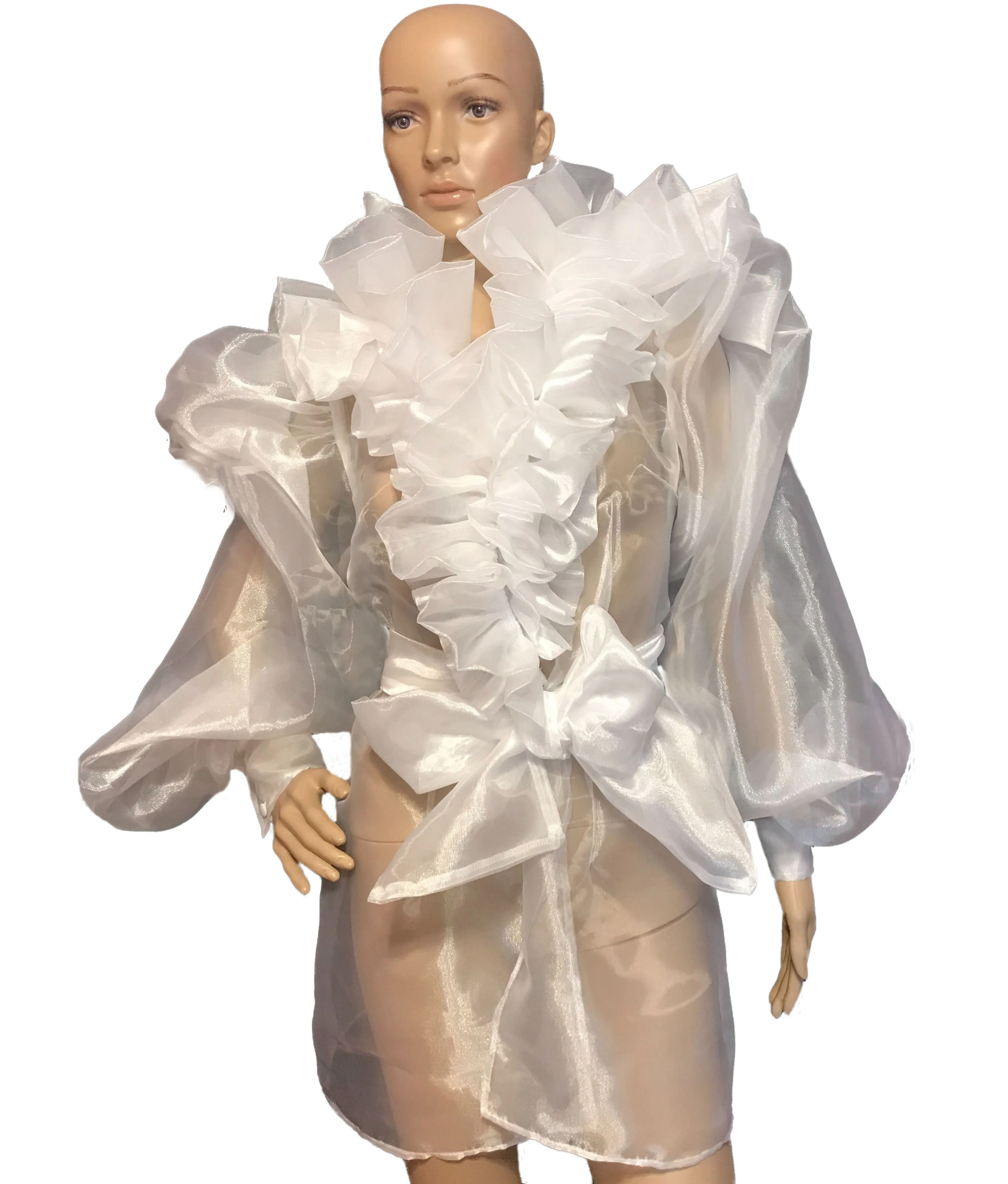 White ruffled organza blouse in sizes women XS S M L XL 2XL 3XL 4XL
