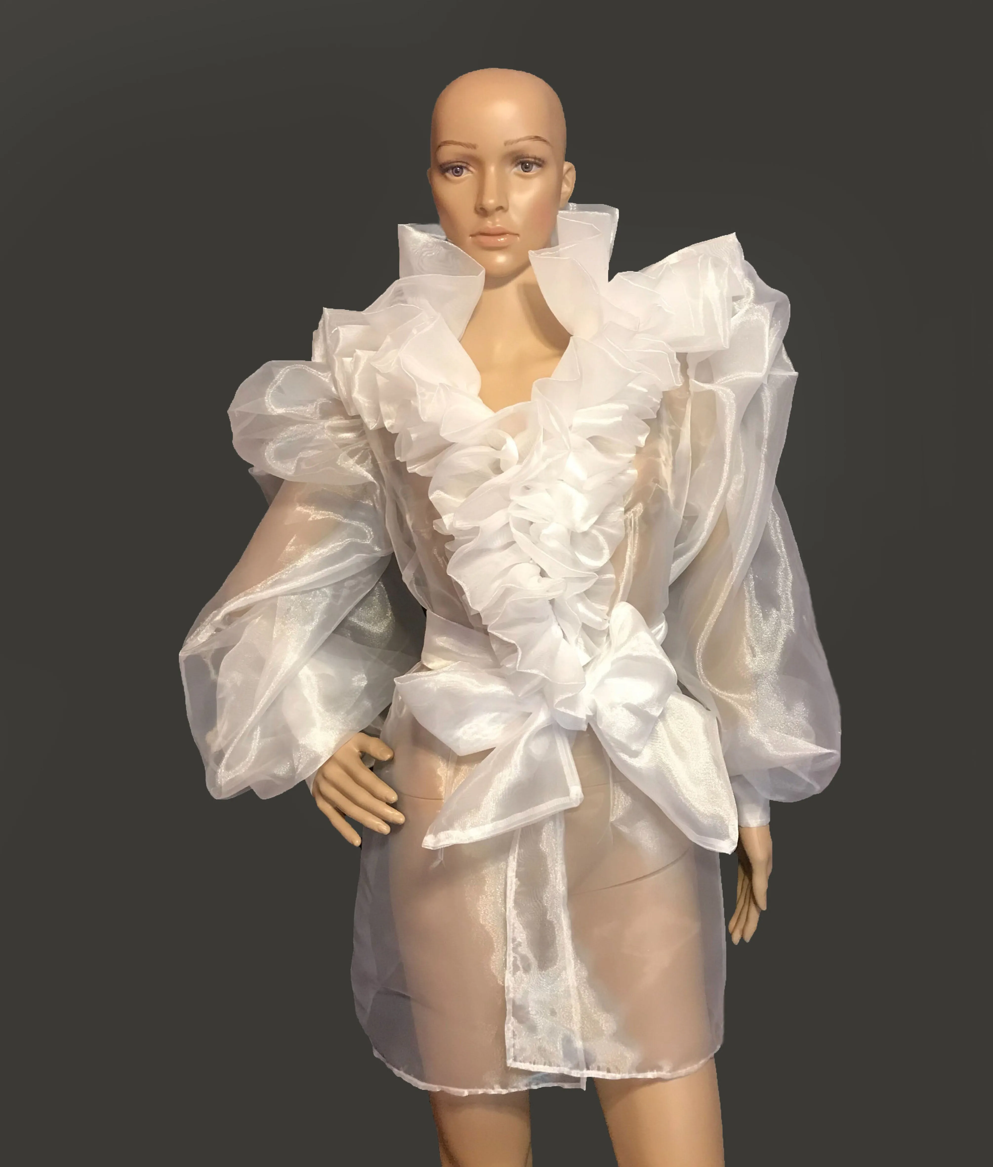 White ruffled organza blouse in sizes women XS S M L XL 2XL 3XL 4XL