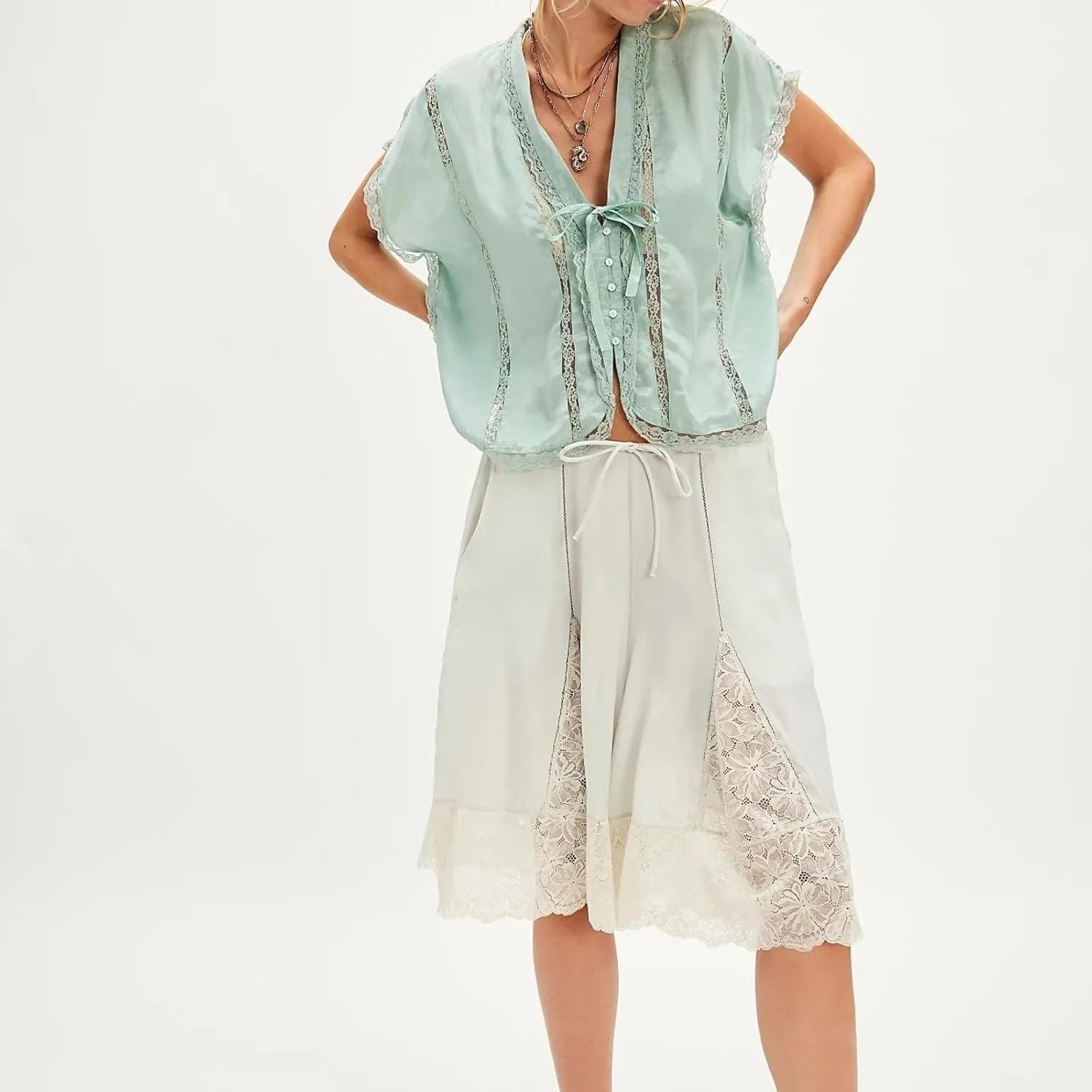 Women Boho Button Down Lace Trim Blouse Top Short Sleeve V Neck Solid Loose Fit Silky Satin Tie Front Shirt Top