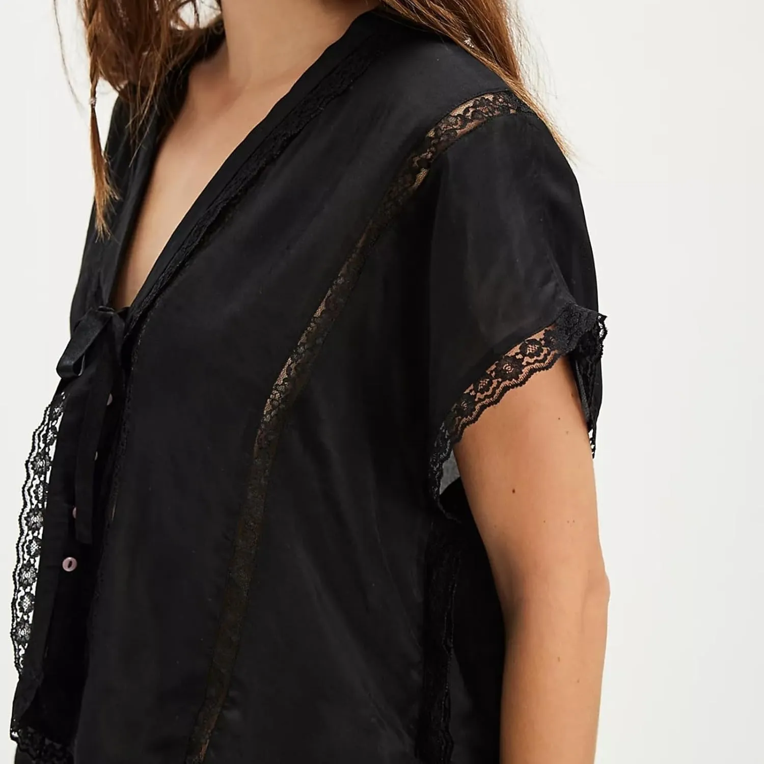 Women Boho Button Down Lace Trim Blouse Top Short Sleeve V Neck Solid Loose Fit Silky Satin Tie Front Shirt Top