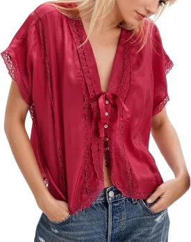 Women Boho Button Down Lace Trim Blouse Top Short Sleeve V Neck Solid Loose Fit Silky Satin Tie Front Shirt Top