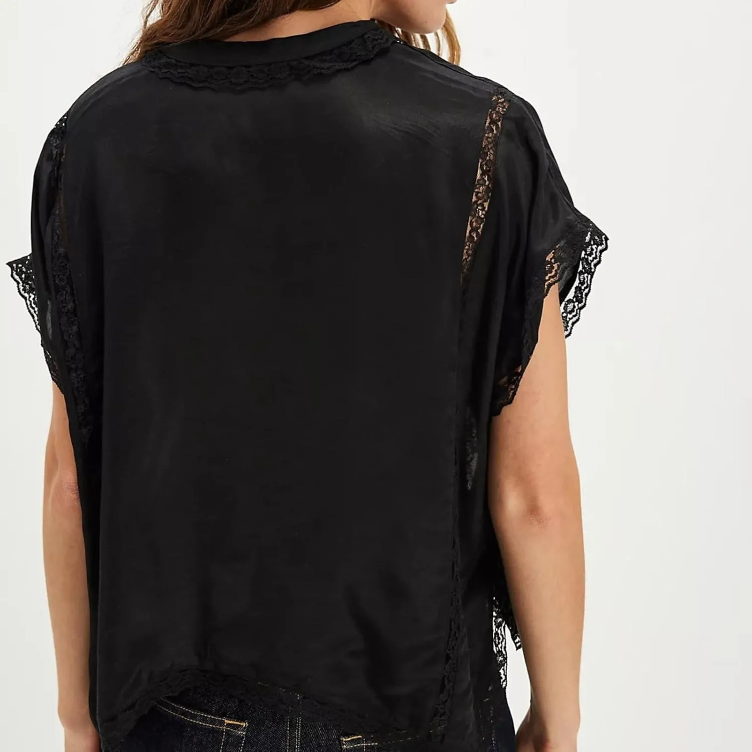 Women Boho Button Down Lace Trim Blouse Top Short Sleeve V Neck Solid Loose Fit Silky Satin Tie Front Shirt Top