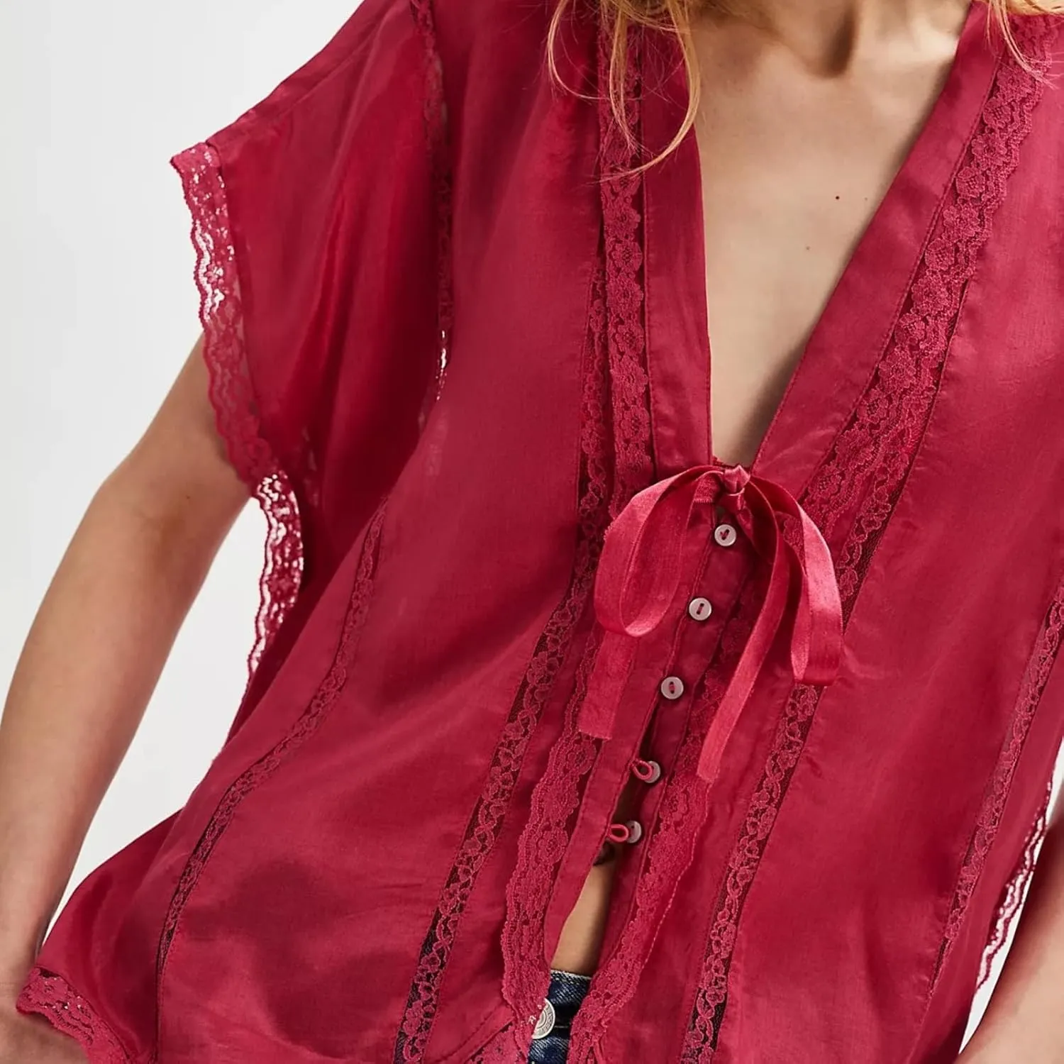 Women Boho Button Down Lace Trim Blouse Top Short Sleeve V Neck Solid Loose Fit Silky Satin Tie Front Shirt Top