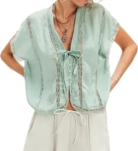 Women Boho Button Down Lace Trim Blouse Top Short Sleeve V Neck Solid Loose Fit Silky Satin Tie Front Shirt Top