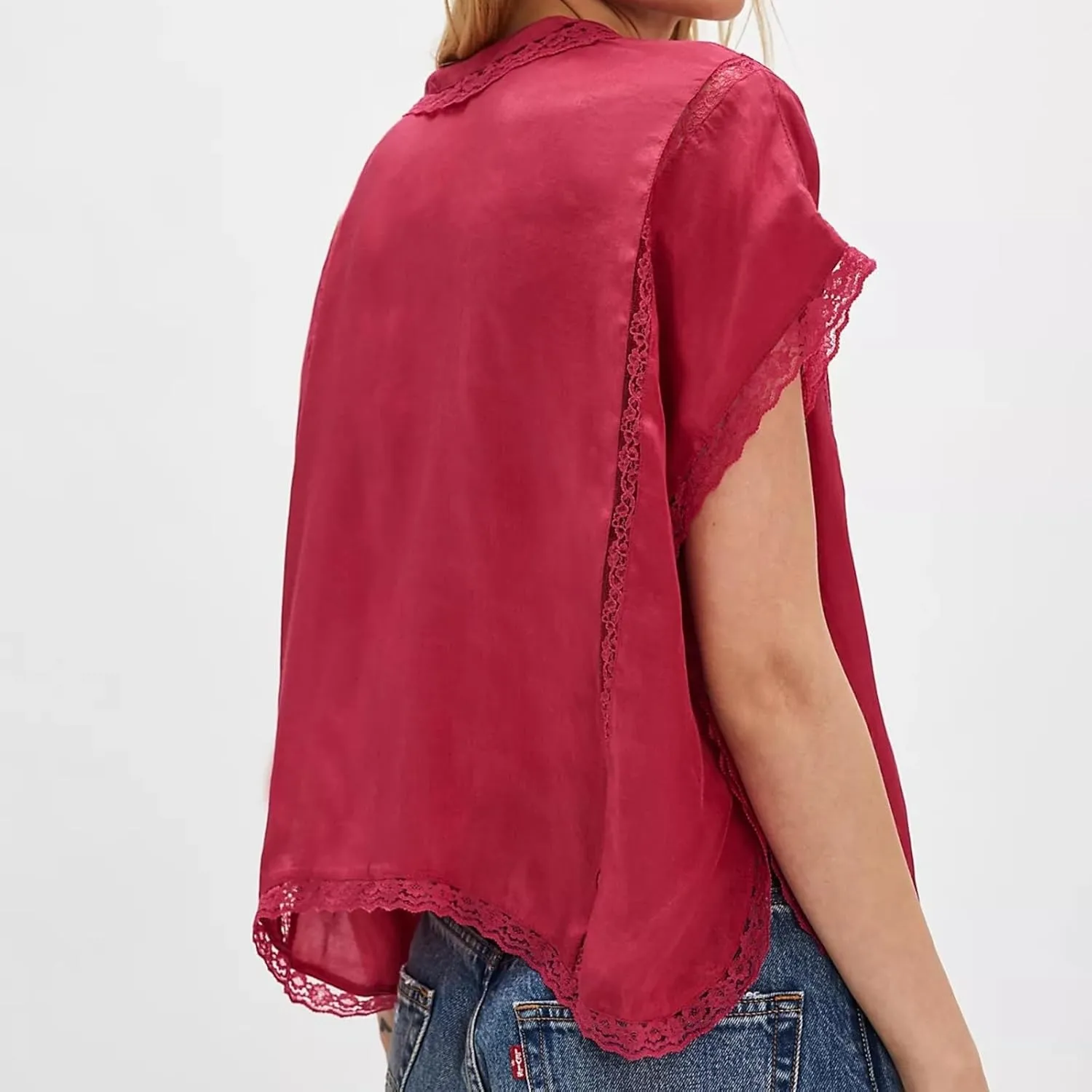 Women Boho Button Down Lace Trim Blouse Top Short Sleeve V Neck Solid Loose Fit Silky Satin Tie Front Shirt Top