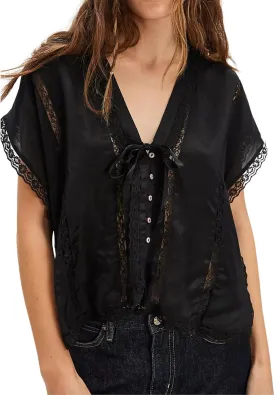Women Boho Button Down Lace Trim Blouse Top Short Sleeve V Neck Solid Loose Fit Silky Satin Tie Front Shirt Top
