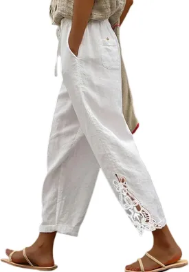 Women Casual Lightweight Drawstring Elastic Waist Cropped Linen Pants Fall Spring Slacks Capri Pants Trendy Fashion 2025 Beach Trousers with Pockets White Medium