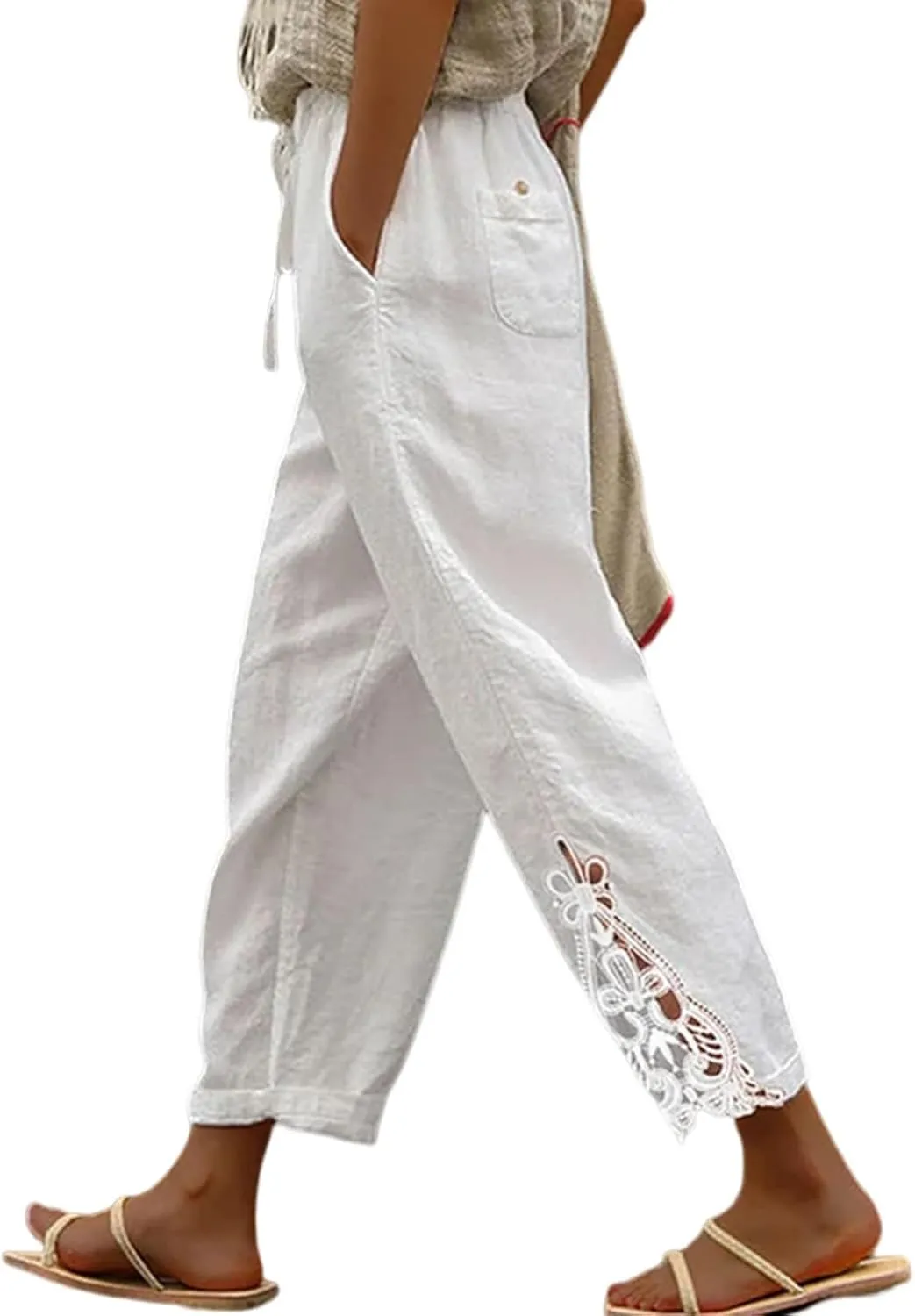 Women Casual Lightweight Drawstring Elastic Waist Cropped Linen Pants Fall Spring Slacks Capri Pants Trendy Fashion 2025 Beach Trousers with Pockets White Medium