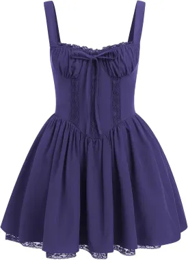 Women Corset Dress Floral Mini Dress Sexy Spaghetti Straps Low Cut Lace Short Dress Ruffle Summer Bustier Sundress