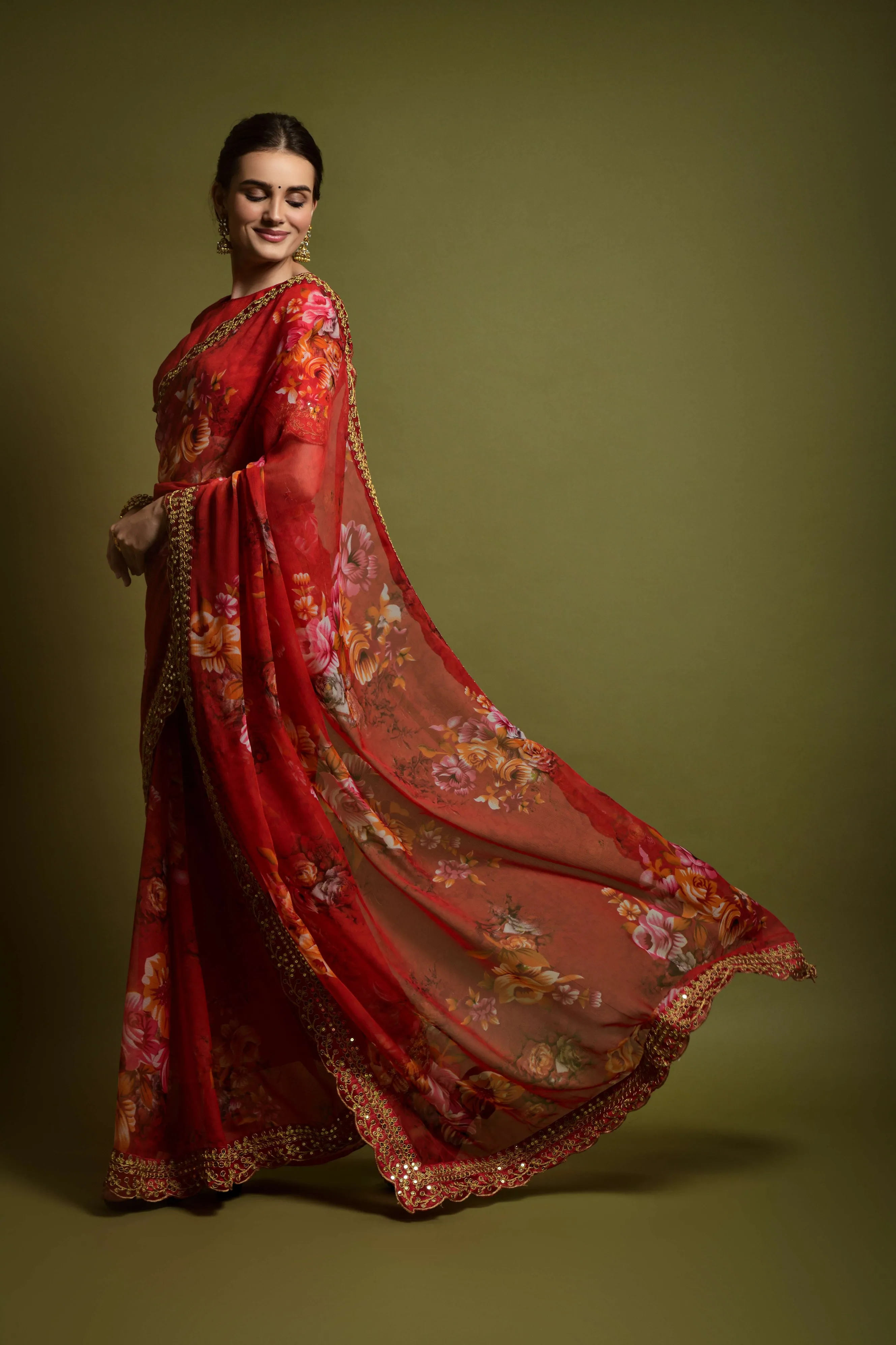 Women Party Wear Designer Red Colour Heavy Georgette Fabric Flower Printed with Heavy Lace Border
