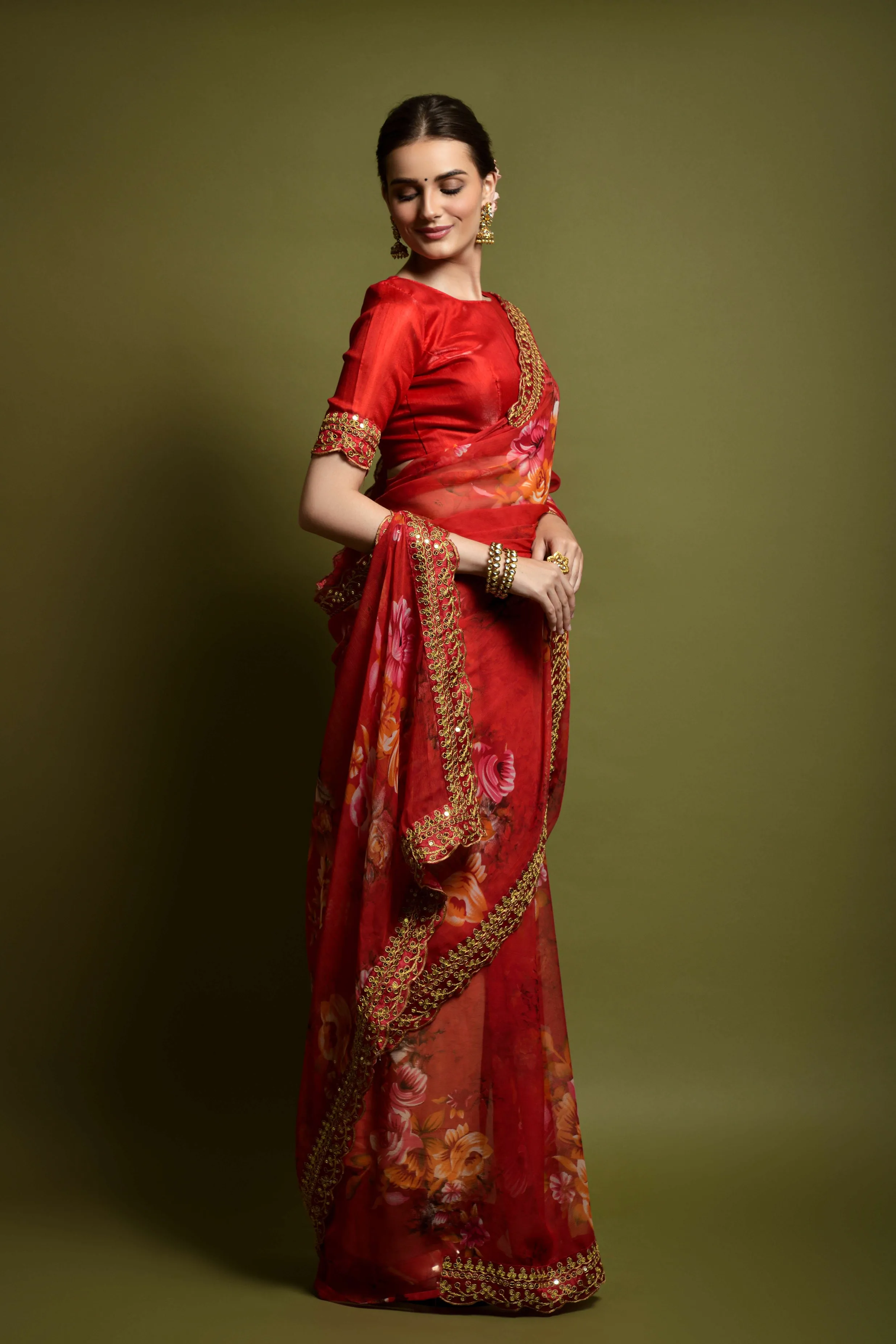 Women Party Wear Designer Red Colour Heavy Georgette Fabric Flower Printed with Heavy Lace Border